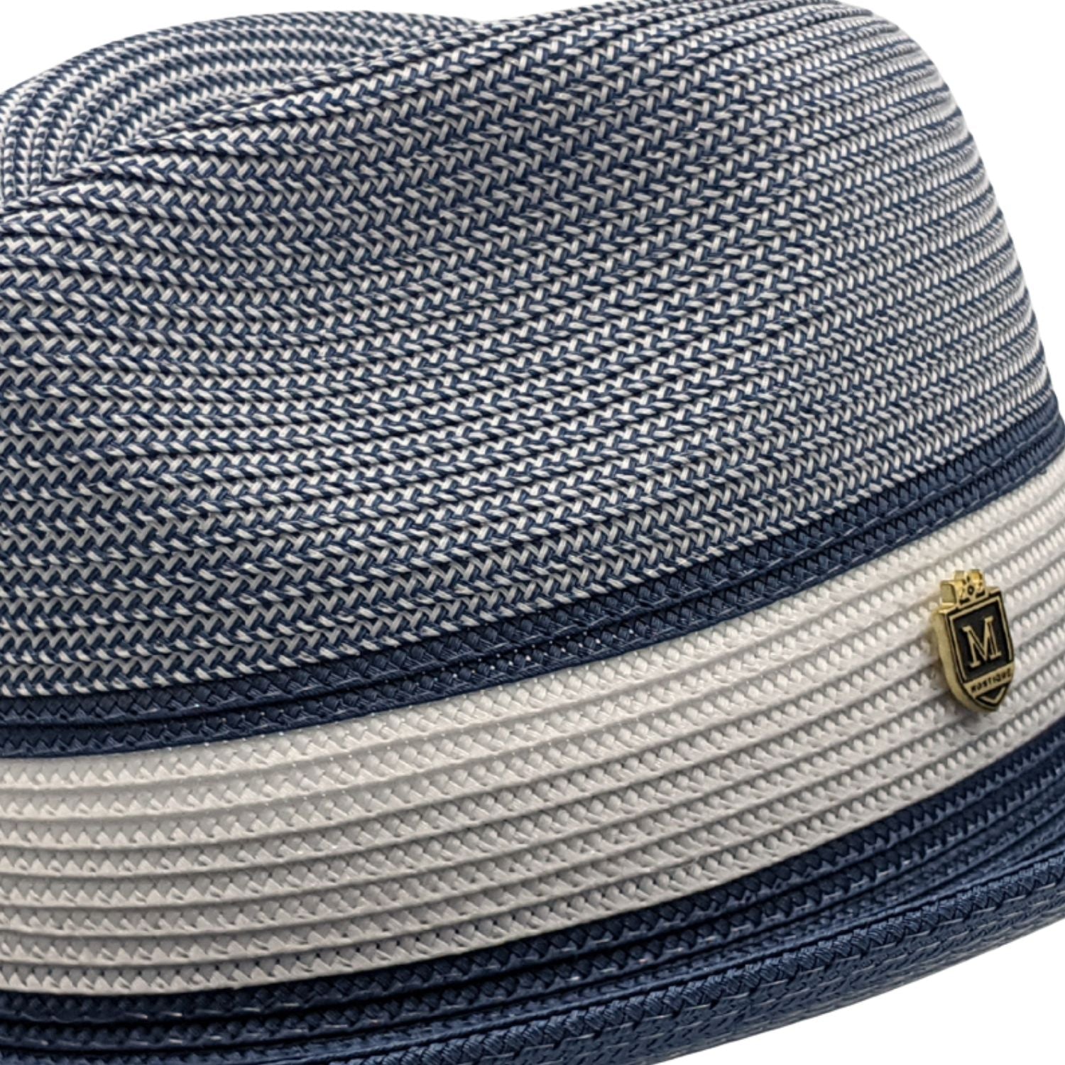 Front profile of the Ivorythm Collection navy fedora showing the 2-inch brim and braided texture.