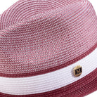 Side view burgundy fedora hat with braided crown and ribbon band