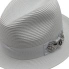 Side view white fedora hat with grosgrain band and rhinestone detail