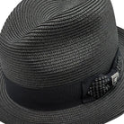 Side view black fedora hat with grosgrain band and rhinestone detai