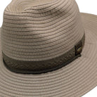Side view khaki ribbon safari hat with pinch front crown