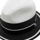 Close-up black brim and ribbon detail on white fedora