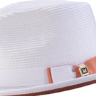 Close-up side profile of white wide brim fedora hat with papaya bottom