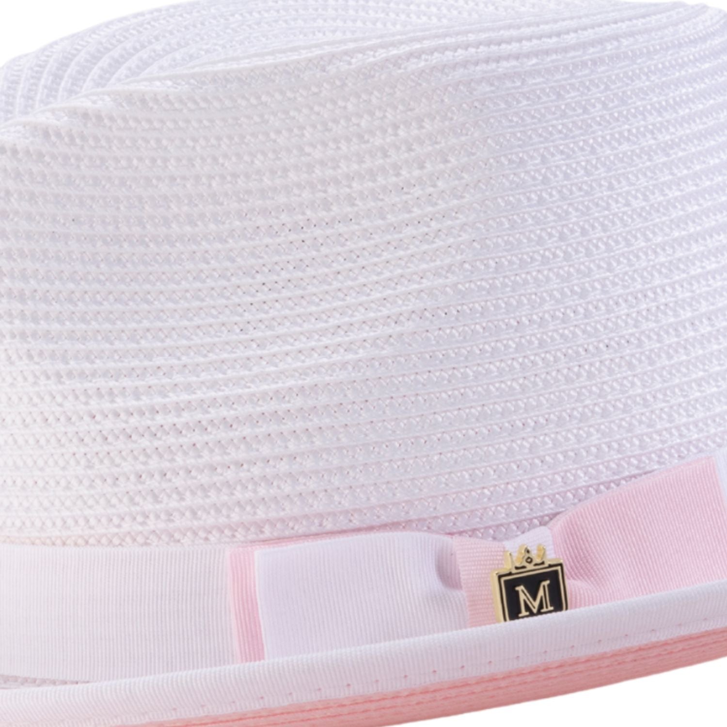 Close-up side profile of the Dazzluxe Collection white and pink fedora showing the wide brim and pinch crown.