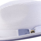 Close-up side profile of white wide brim fedora hat with lavender bottom