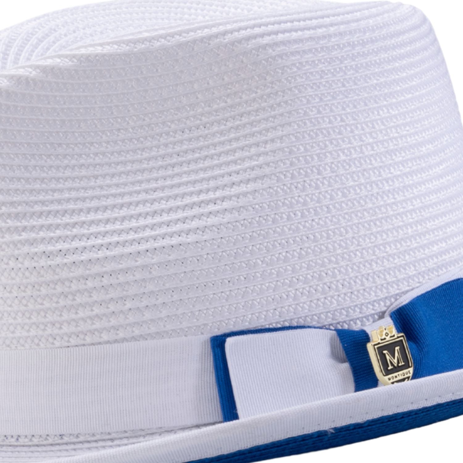 Close-up side profile of the Dazzluxe Collection white and cobalt fedora showing the wide brim and pinch crown.