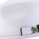 Close-up side profile of white wide brim fedora hat with emerald bottom