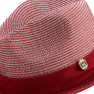 close up red fedora pinch crown braided texture
