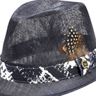 close up navy sinamay fedora texture detail