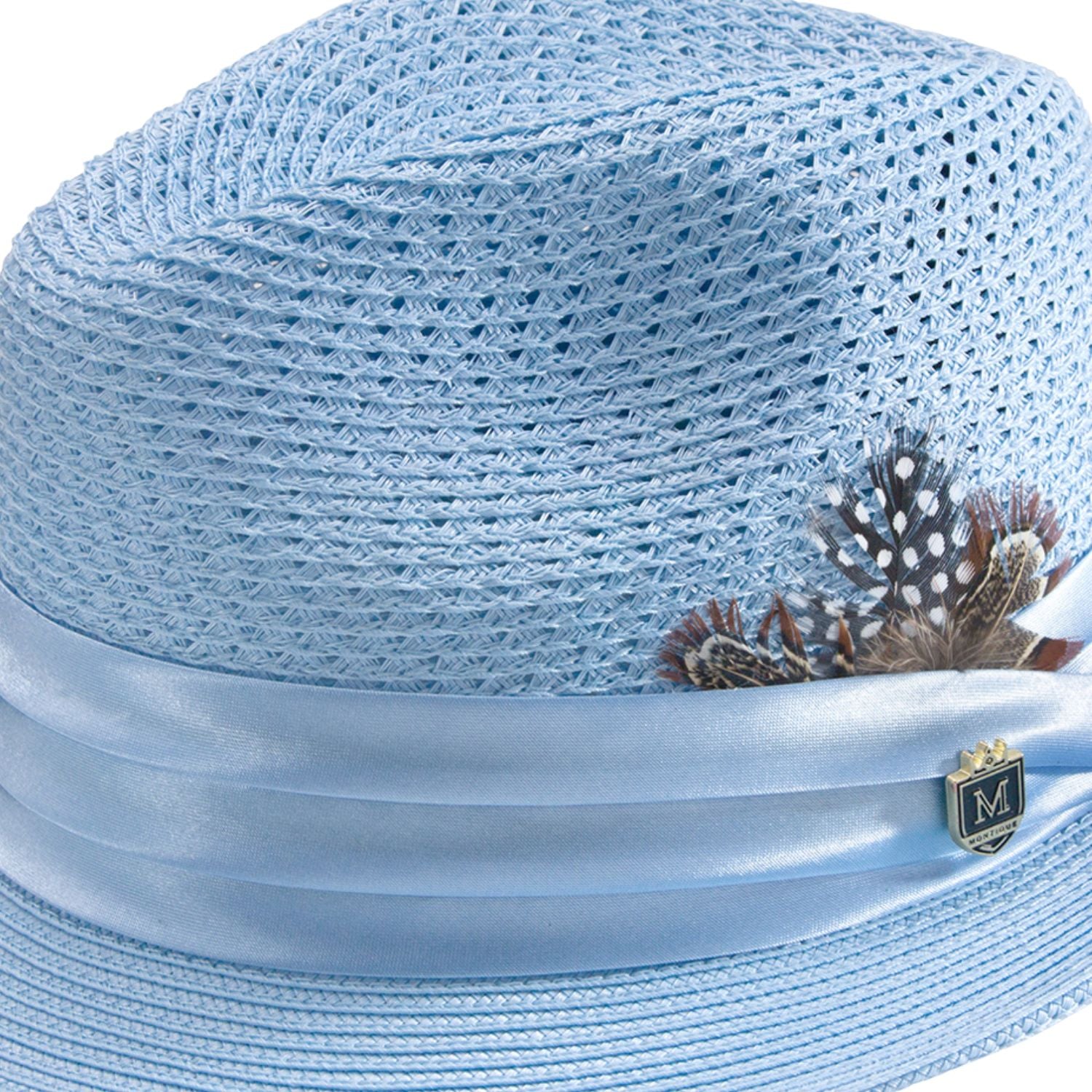 close up braided texture light blue fedora