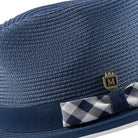 close up plaid grosgrain ribbon detail fedora