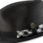 close up plaid grosgrain ribbon detail fedora