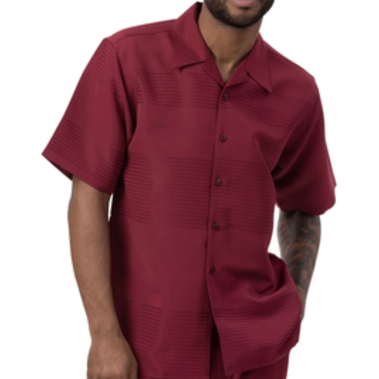 Front profile of the burgundy short-sleeve walking suit set showing the relaxed fit and 1" cuff detail.
