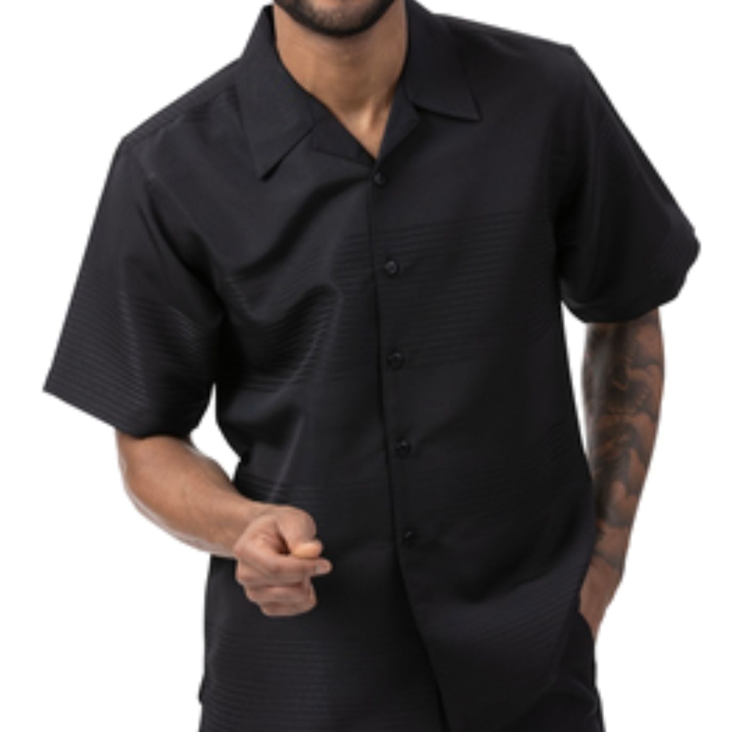 Front profile of the black short-sleeve walking suit set showing the relaxed fit and 1" cuff detail.