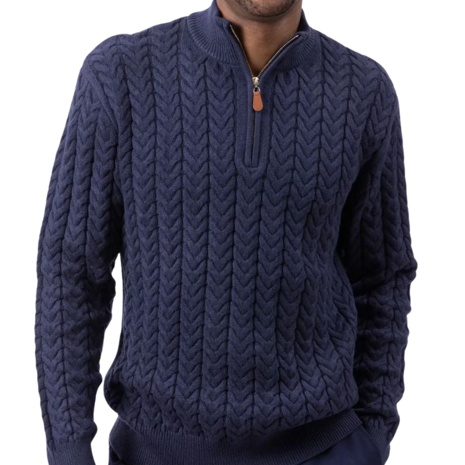 Men's Navy Quarter-Zip Cable Knit Sweater by Montique – Suits & More