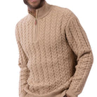 close up of beige quarter zip cable knit sweater texture