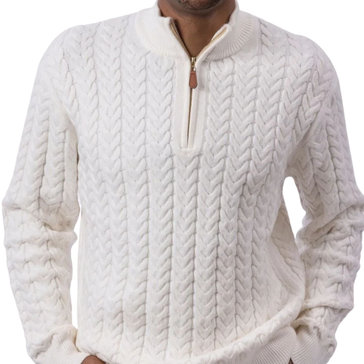 Men's Ivory Quarter-Zip Cable Knit Sweater by Montique – Suits & More