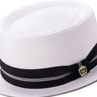 Side view of whitepork pie hat with black grosgrain ribbon and grey stripe