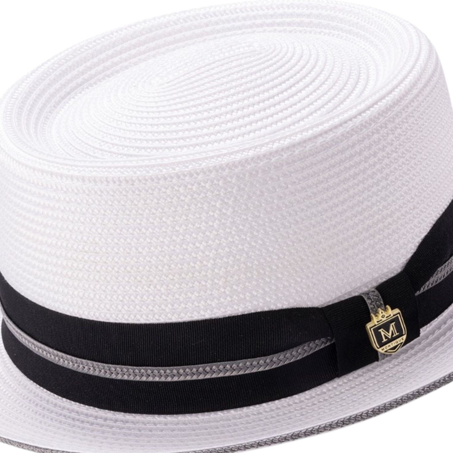 Side view of whitepork pie hat with black grosgrain ribbon and grey stripe