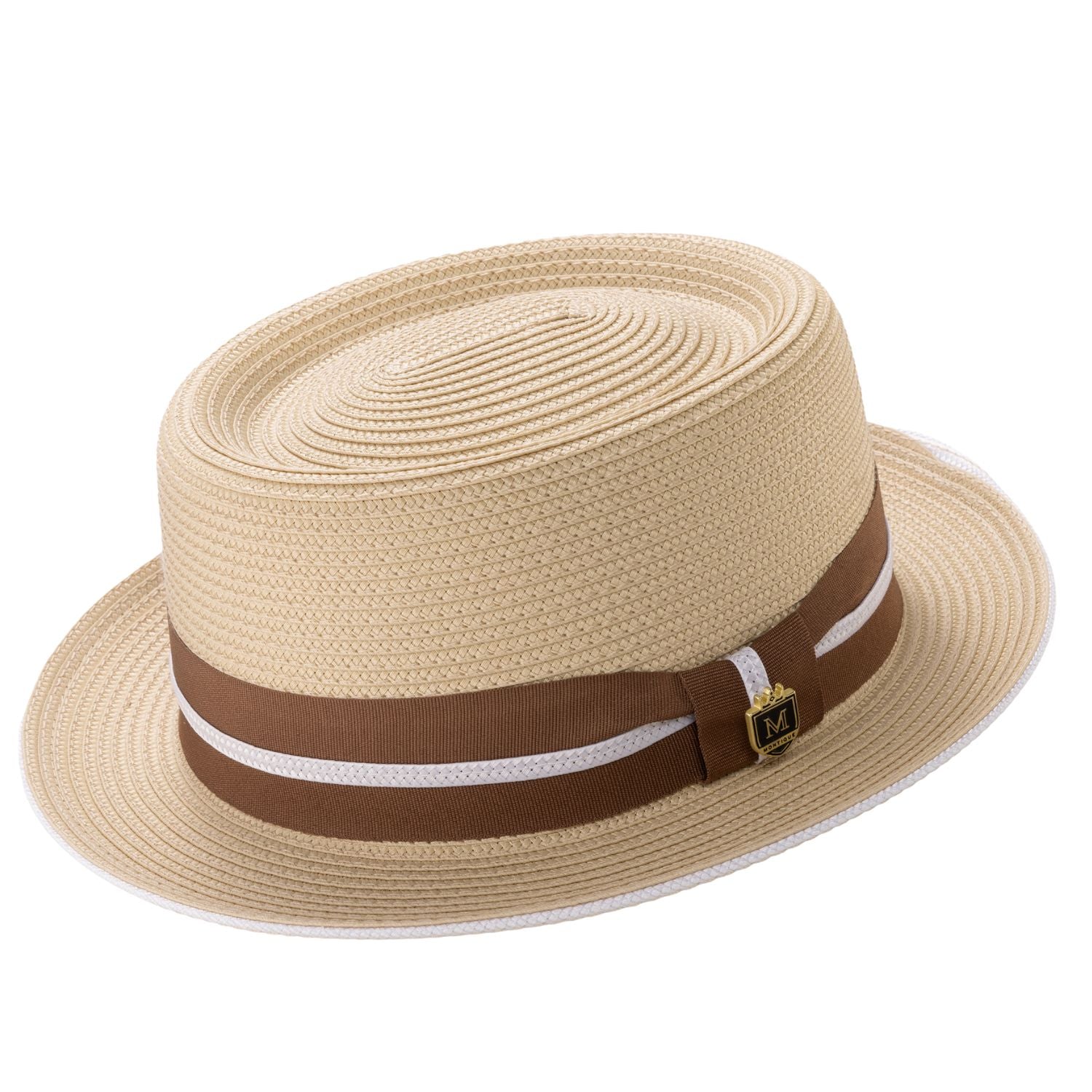 Beige structured men's pork pie hat with a brown grosgrain ribbon and white stripe accents.