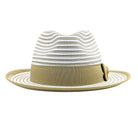 Olive and white Montique fedora front view with striped woven crown, olive band, and matching brim trim