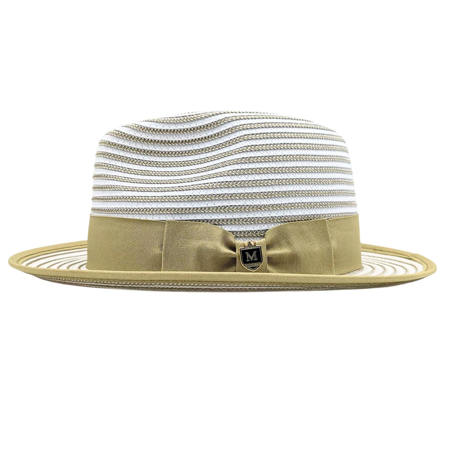 Olive and white Montique fedora side view with olive bow, Montique logo pin, striped crown, and short brim