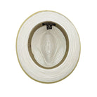 Olive and white Montique fedora interior view with woven crown, olive sweatband, and branded size label