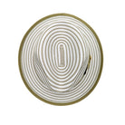 Olive and white Montique fedora top view with striped woven crown, olive brim trim, and gold side pin