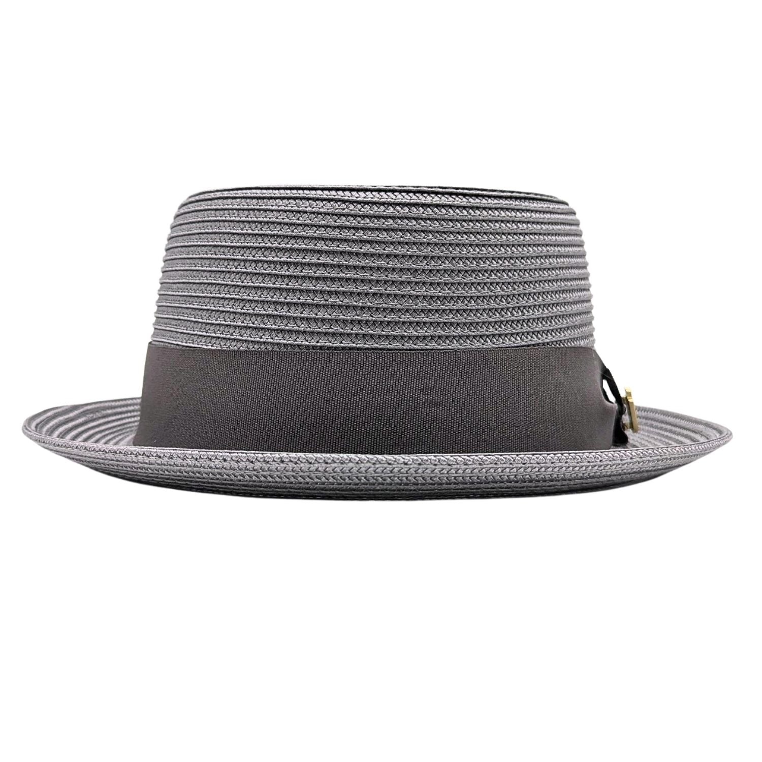 Grey Montique pork pie hat front view with flat crown, dark grey grosgrain band, bow, logo pin, and short brim