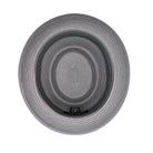 Grey Montique pork pie hat interior view with woven construction, flat crown, and inside sweatband