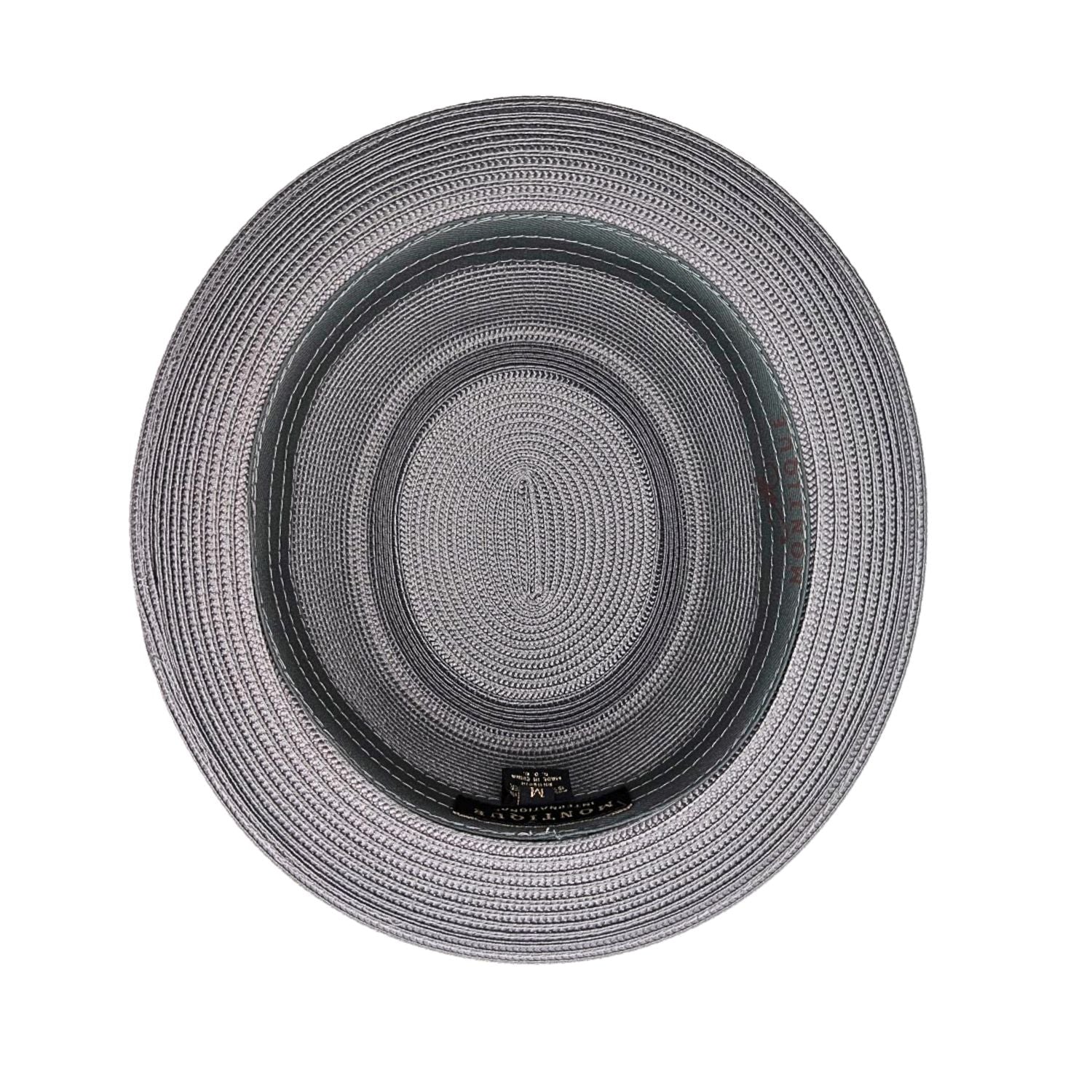 Grey Montique pork pie hat interior view with woven construction, flat crown, and inside sweatband