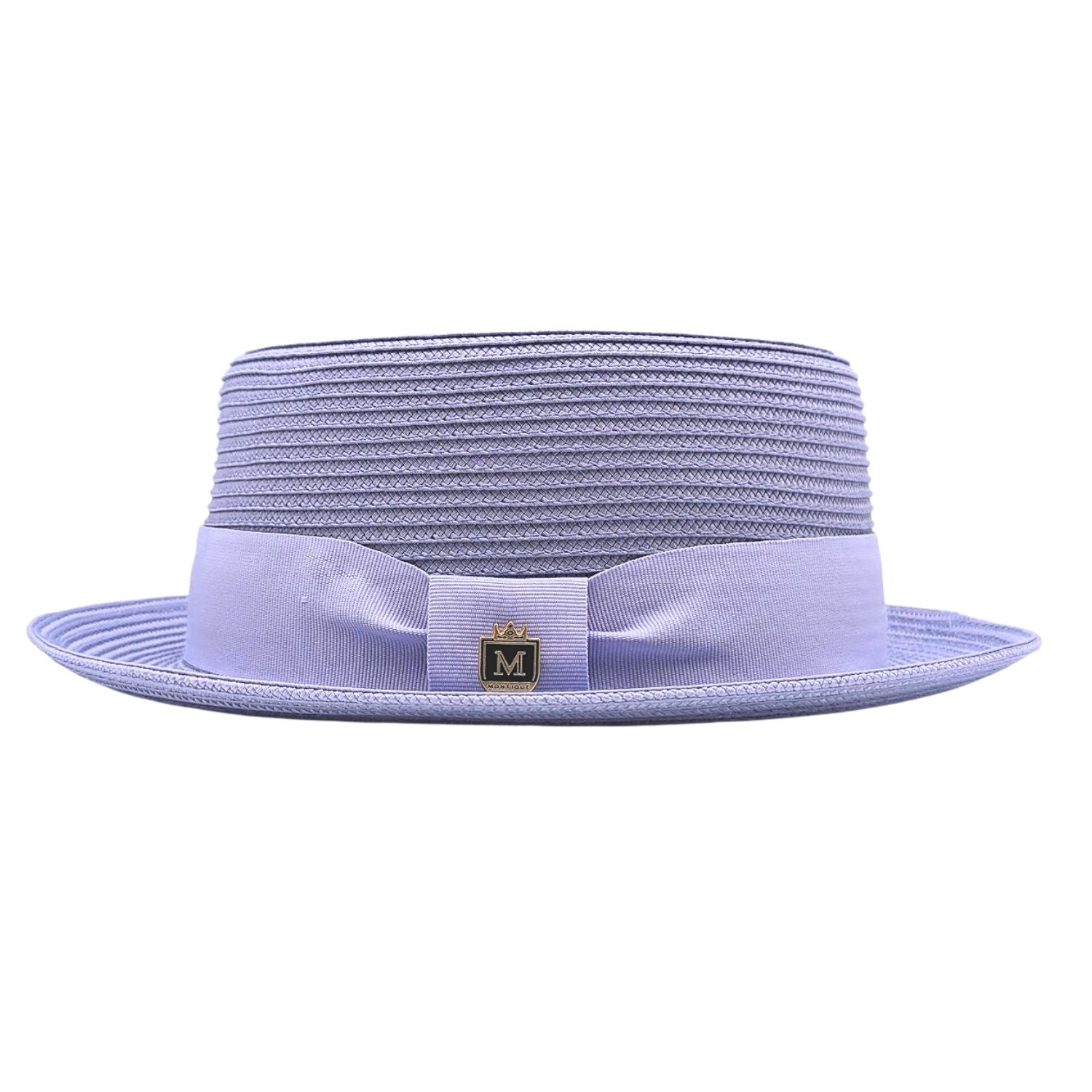Lilac Montique pork pie hat side view with woven crown, wide matching band, and short brim trim