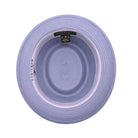 Lilac Montique pork pie hat interior view showing woven construction, flat crown, inside sweatband, and Montique label
