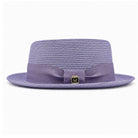 Gunmetal Montique pork pie hat side view with flat crown, woven straw texture, matching grosgrain band, and short brim