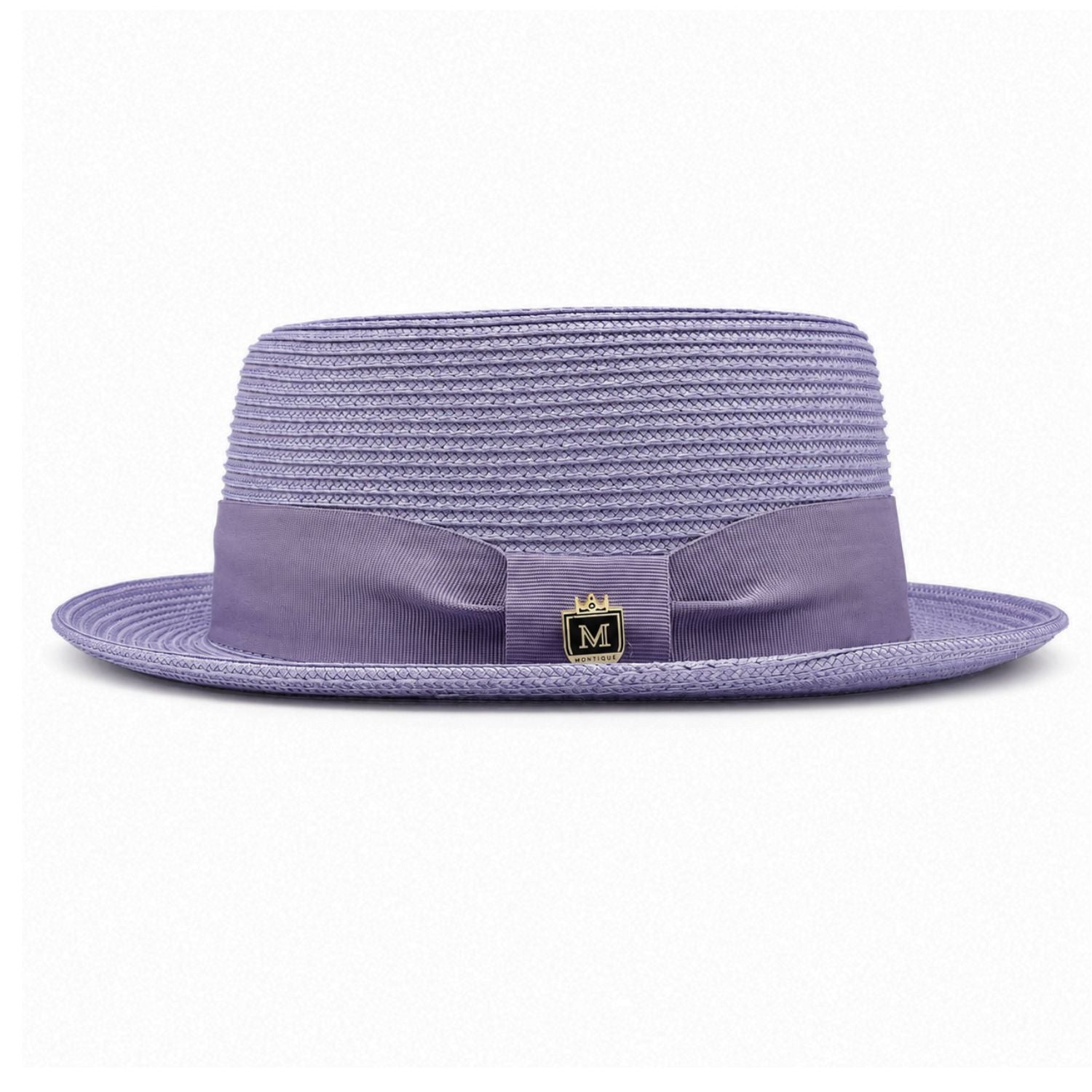 Gunmetal Montique pork pie hat side view with flat crown, woven straw texture, matching grosgrain band, and short brim