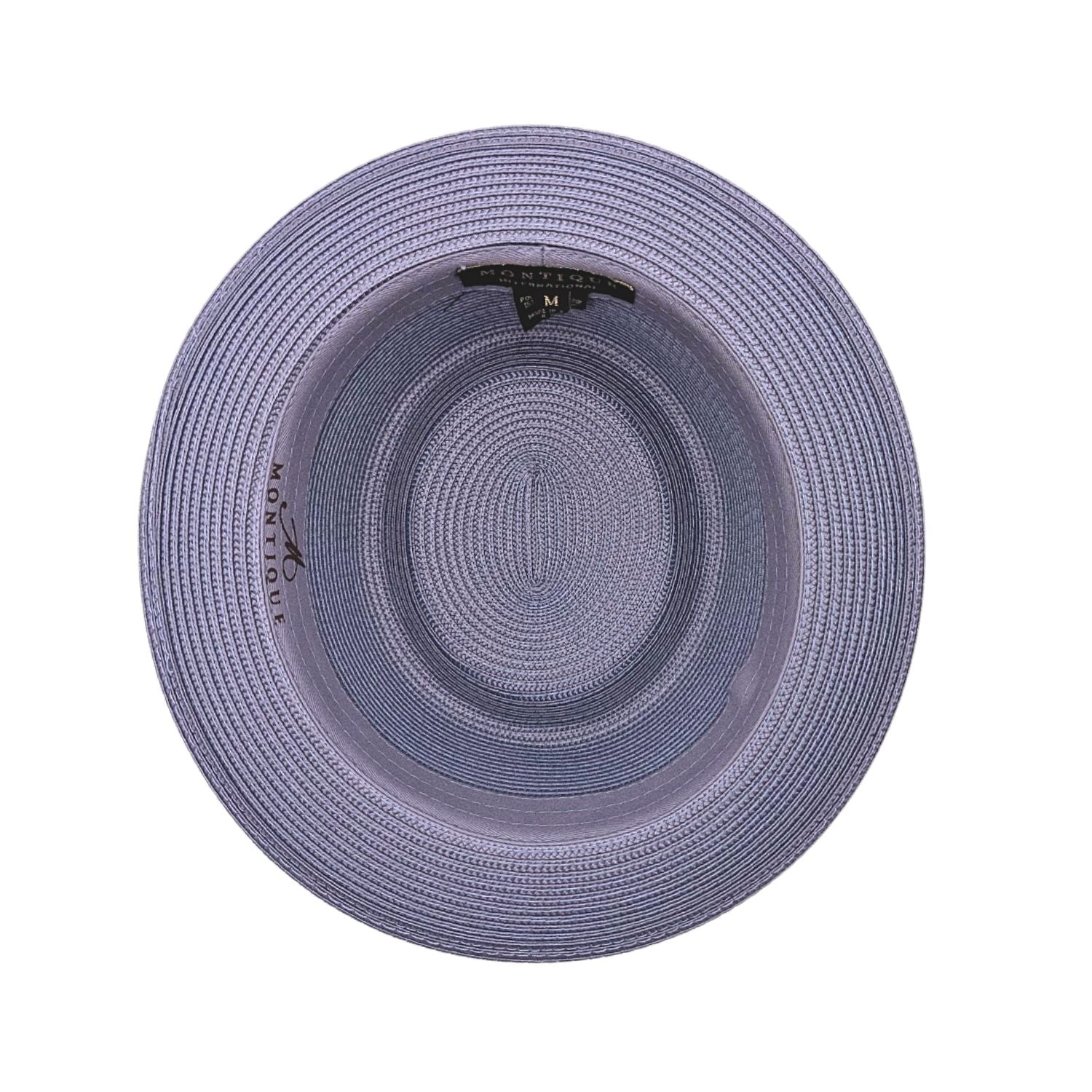 Gunmetal pork pie hat interior view with woven straw texture, inside sweatband, and Montique label