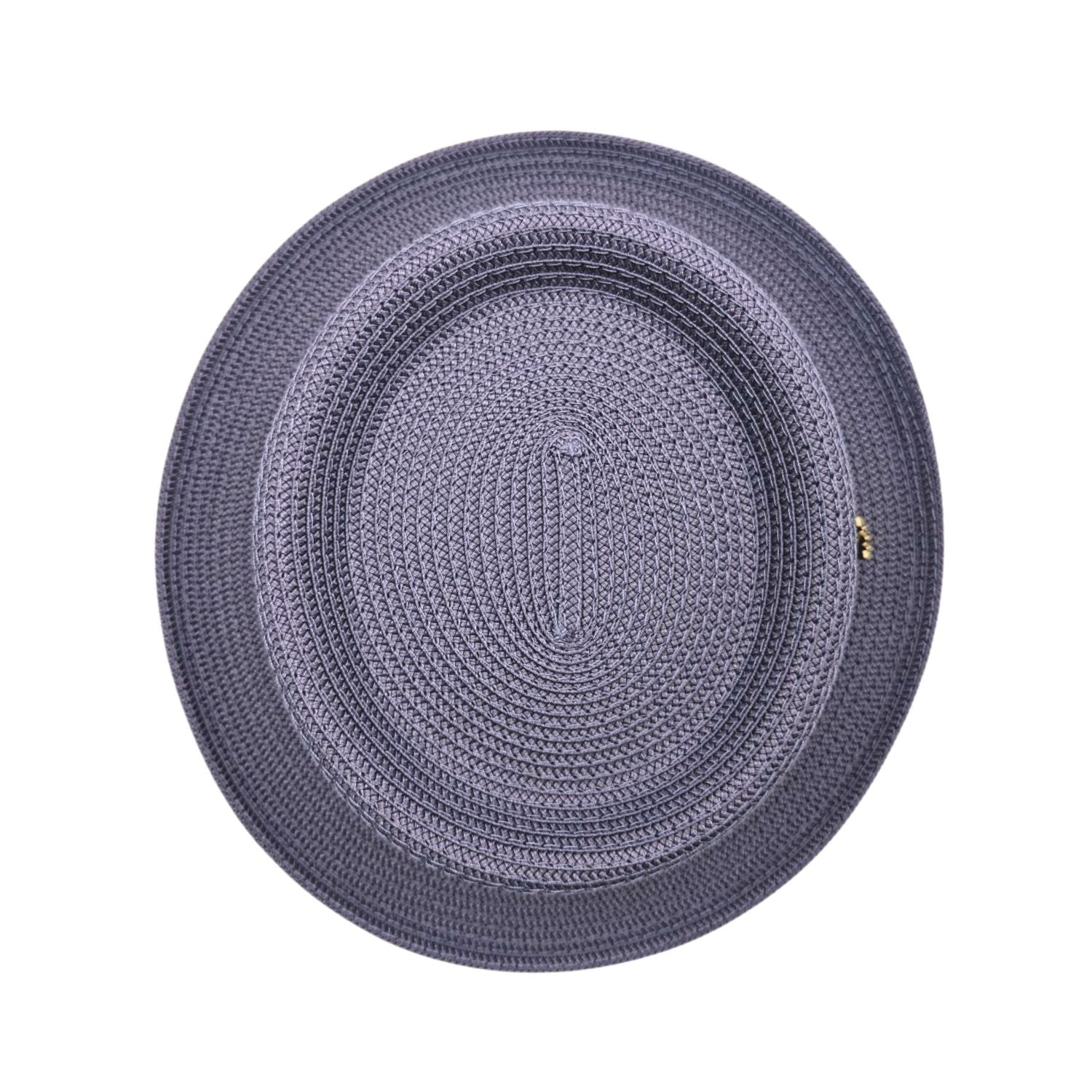 Gunmetal Montique pork pie hat top view showing flat crown, braided woven construction, and short brim