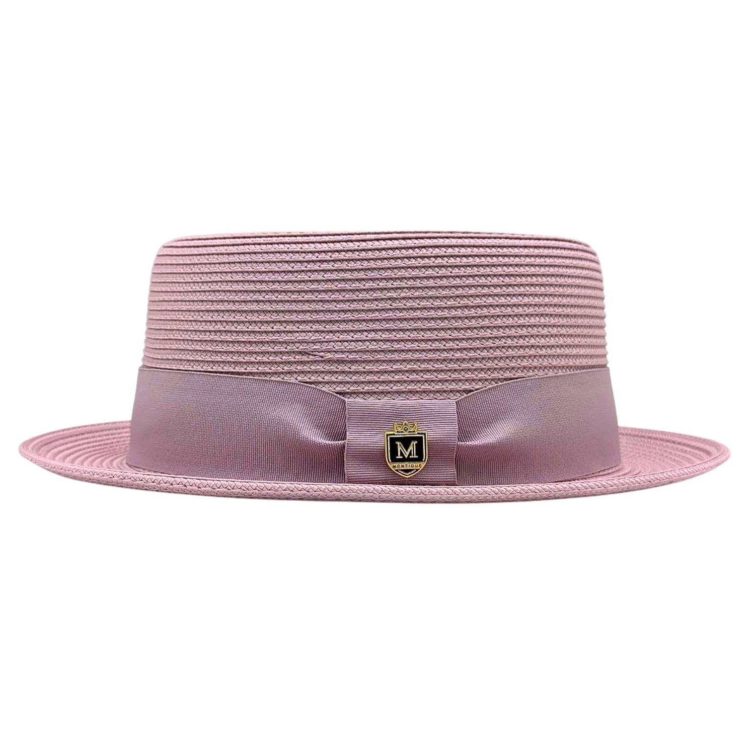 Mauve Montique pork pie hat side view with woven straw texture, matching band, flat crown, and short brim