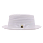 White Montique pork pie hat side view with matching grosgrain band, bow, logo pin, flat crown, and short brim