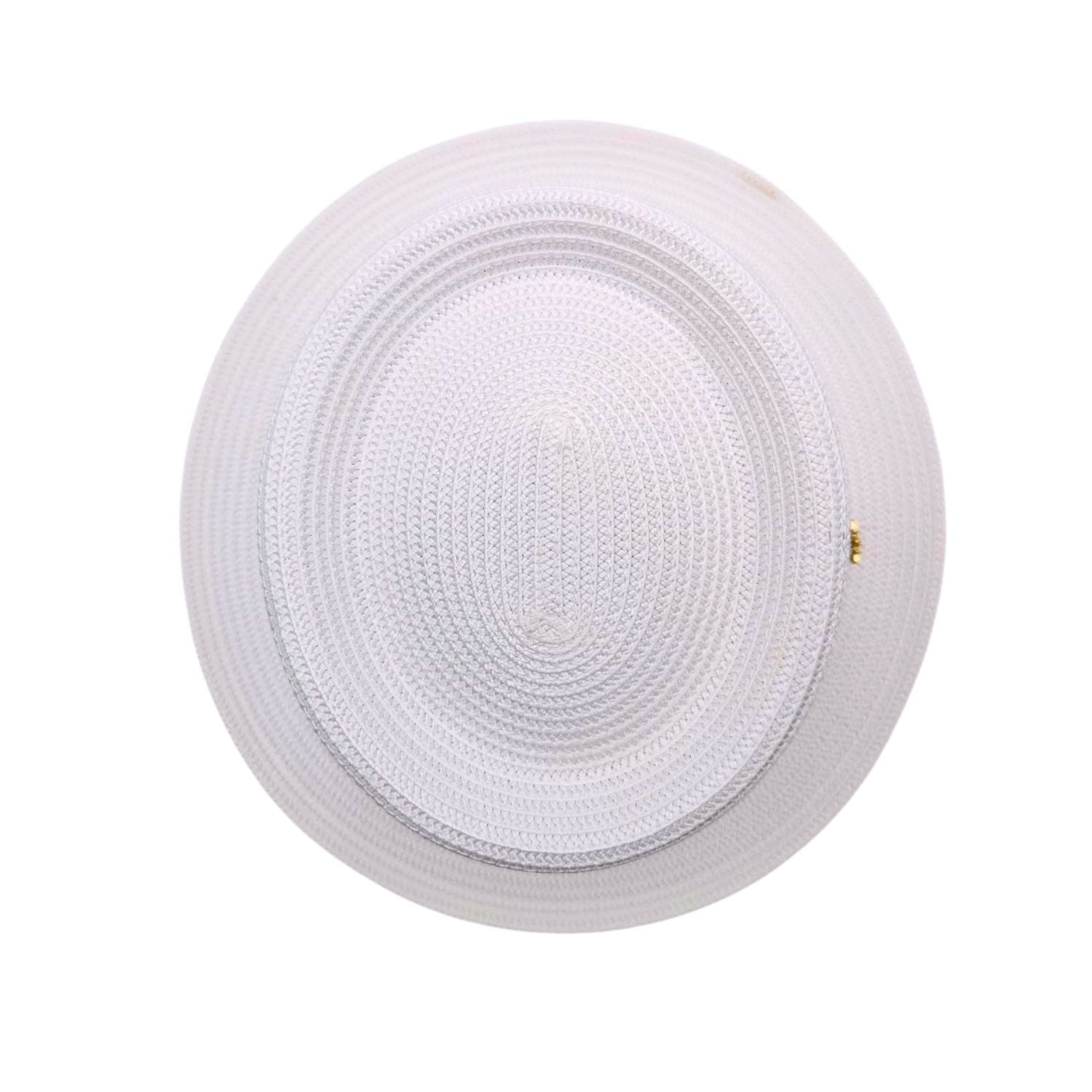 White Montique pork pie hat top view showing flat telescope crown, braided woven construction, and short brim