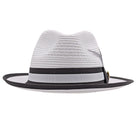White and grey Montique fedora hat front  view with open weave crown, black and grey band detail, and black brim trim