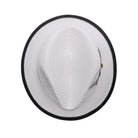 White and grey Montique fedora hat top view showing white woven crown, black brim edge, side feather detail, and structured brim