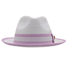 White and lavender fedora hat front view with open weave crown, lavender and white band detail, and lavender brim trim