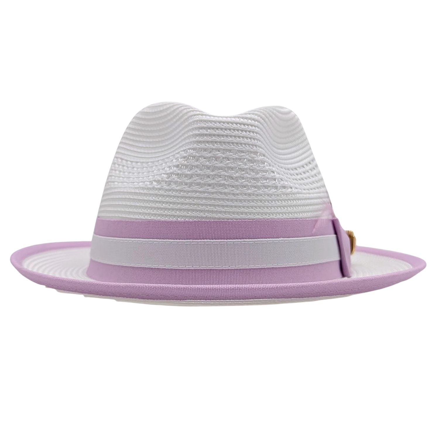 White and lavender fedora hat front view with open weave crown, lavender and white band detail, and lavender brim trim
