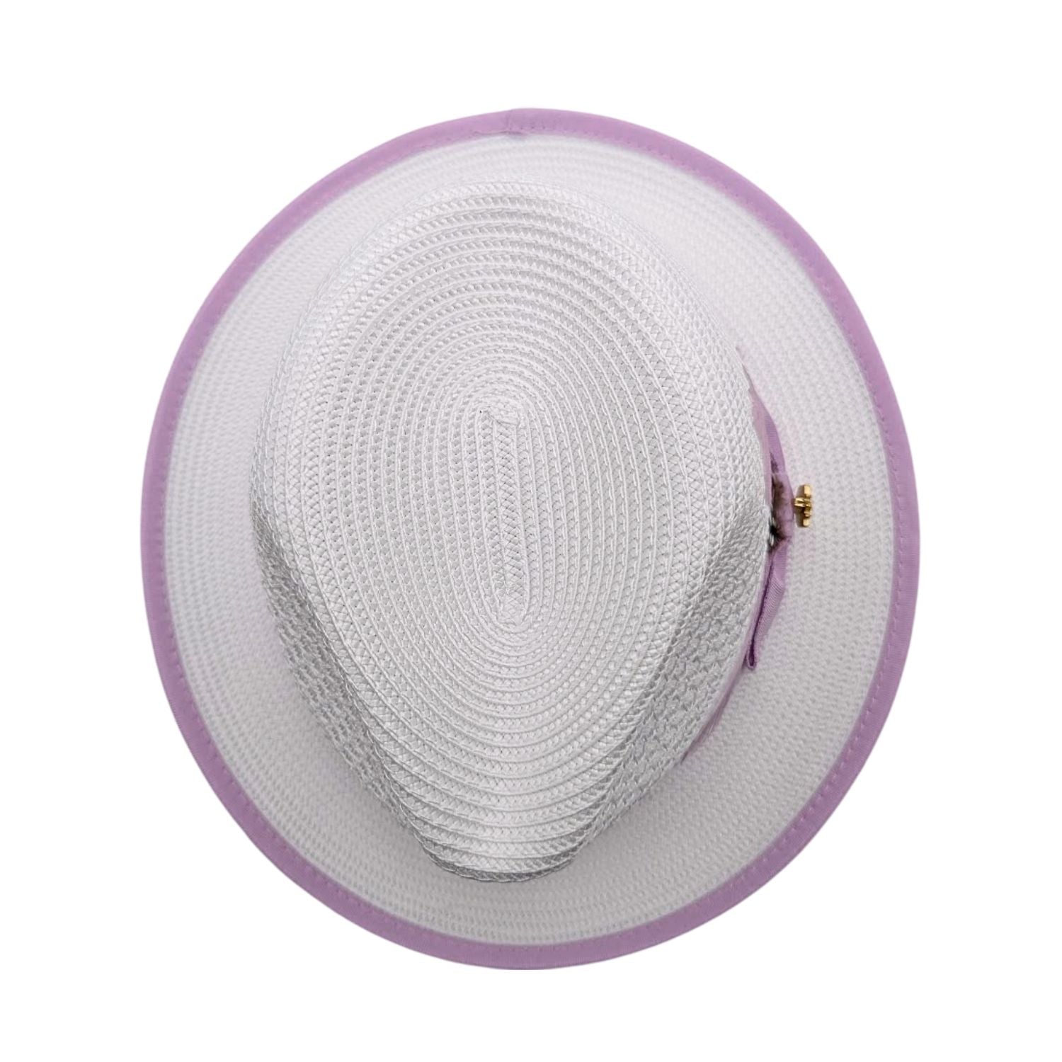 White and lavender Montique fedora hat top view showing white woven crown, lavender brim edge, and side feather detail