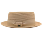 Beige Montique pork pie hat side view with matching band, flat crown, short brim, and woven straw design
