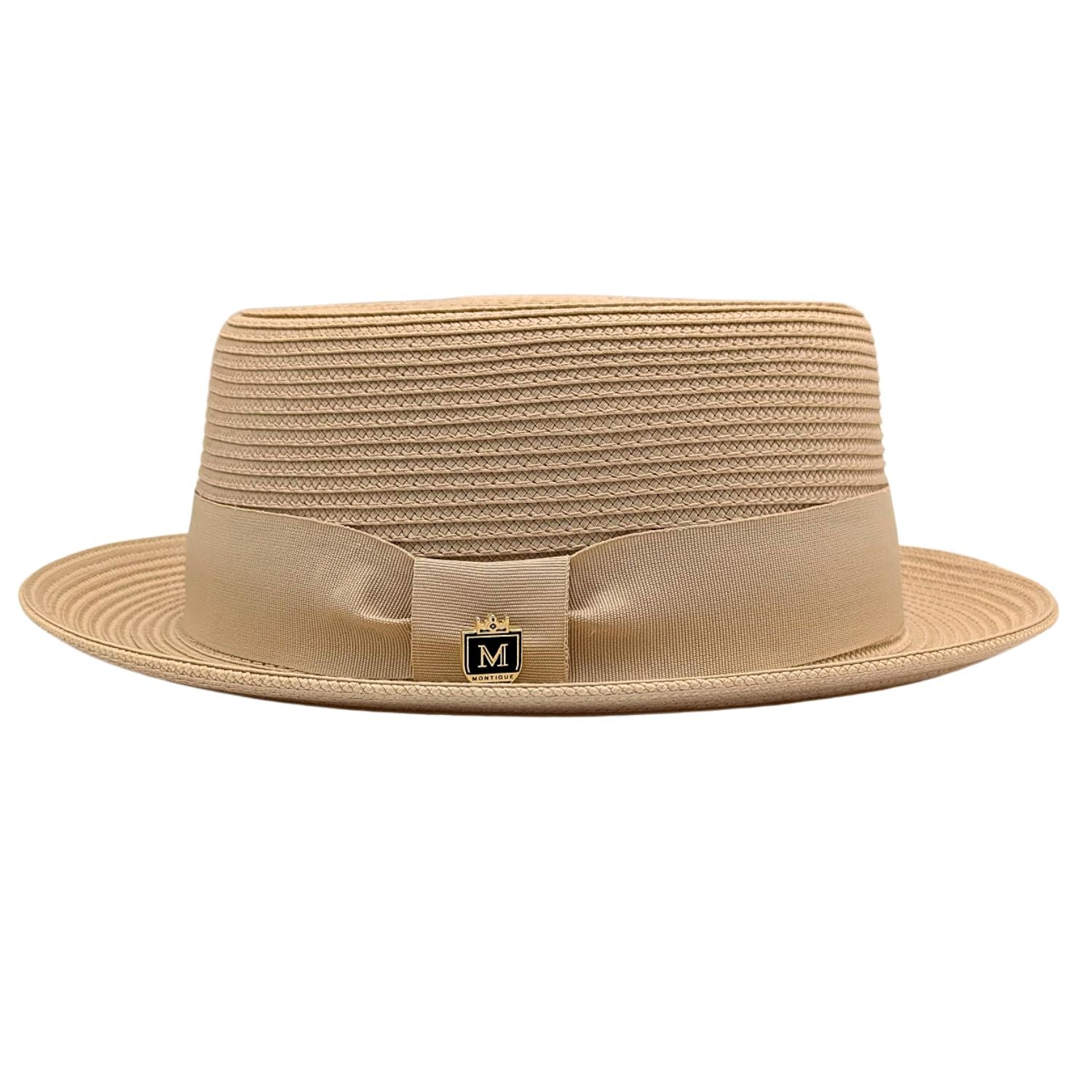 Beige Montique pork pie hat side view with matching band, flat crown, short brim, and woven straw design
