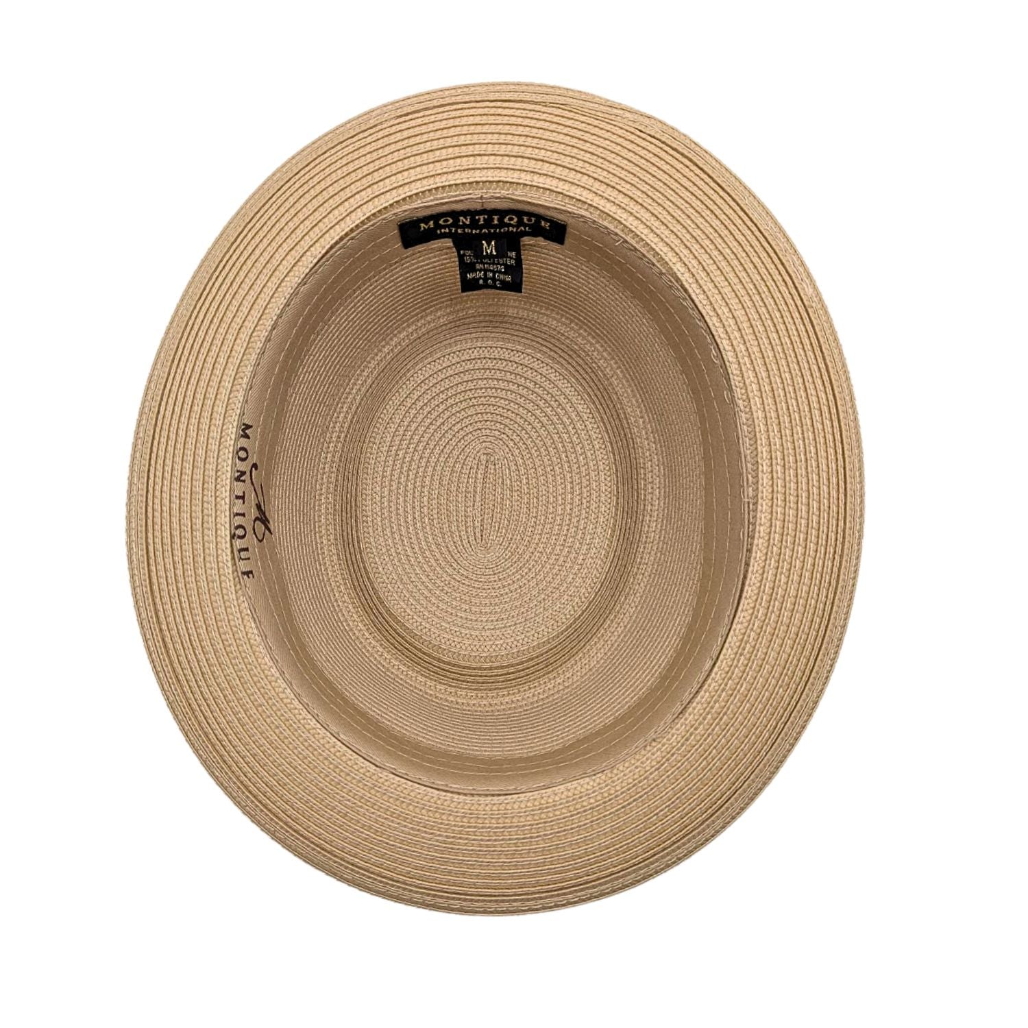 Beige Montique pork pie hat interior view showing woven construction, inside band, and branded lining