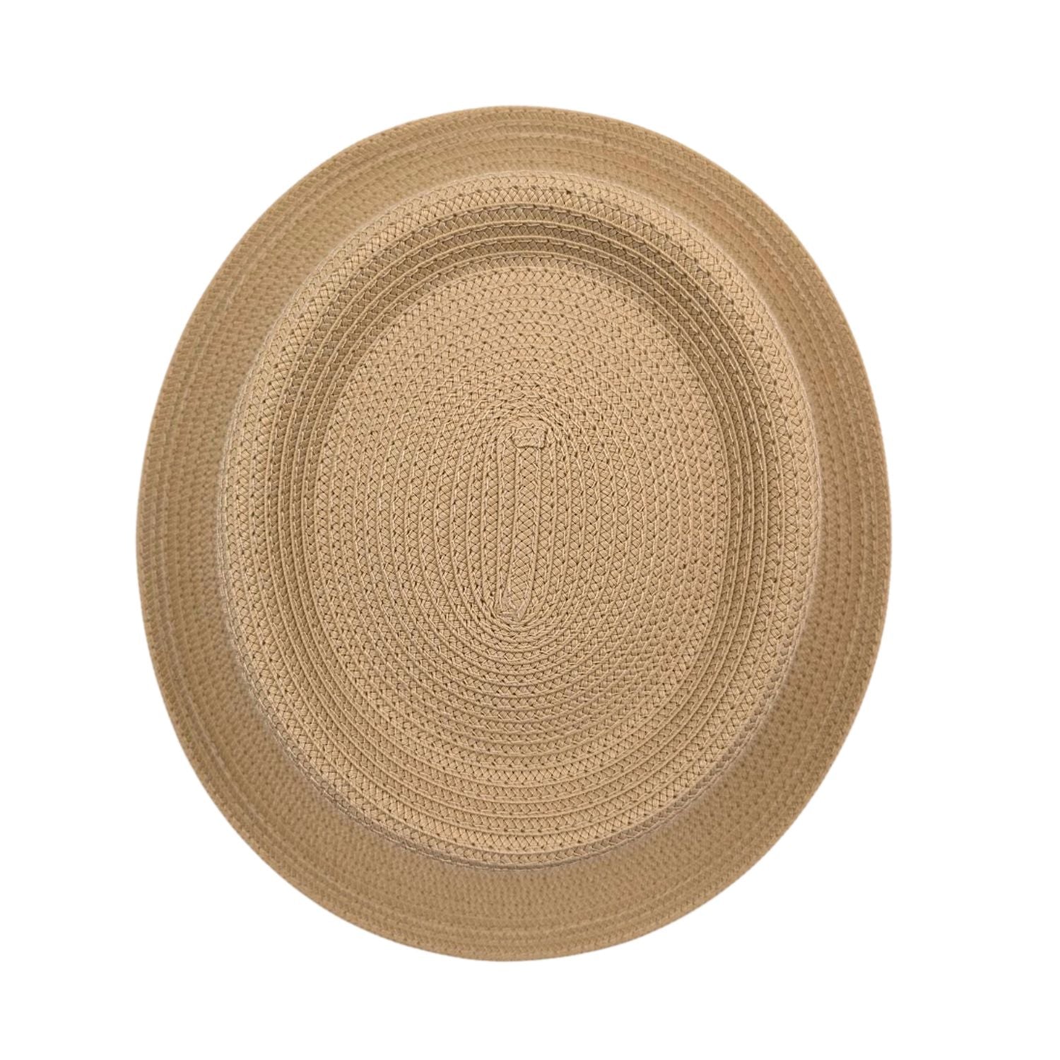 Beige Montique pork pie hat top view with woven straw texture, flat crown, and matching brim