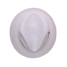 Top view of white men’s fedora hat showing woven crown texture, wide brim, and colorful patterned band detail